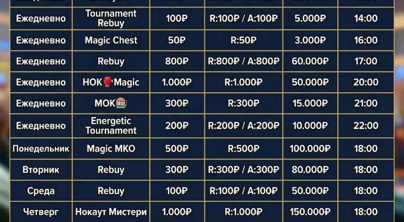 Еженедельное расписание турниров Poker21Plus