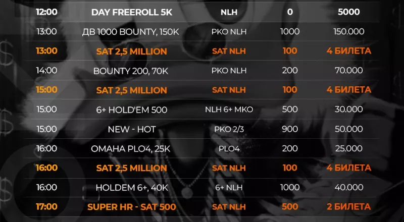 Расписание турниров X-Poker на понедельник