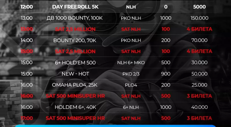 Расписание турниров X-Poker на среду